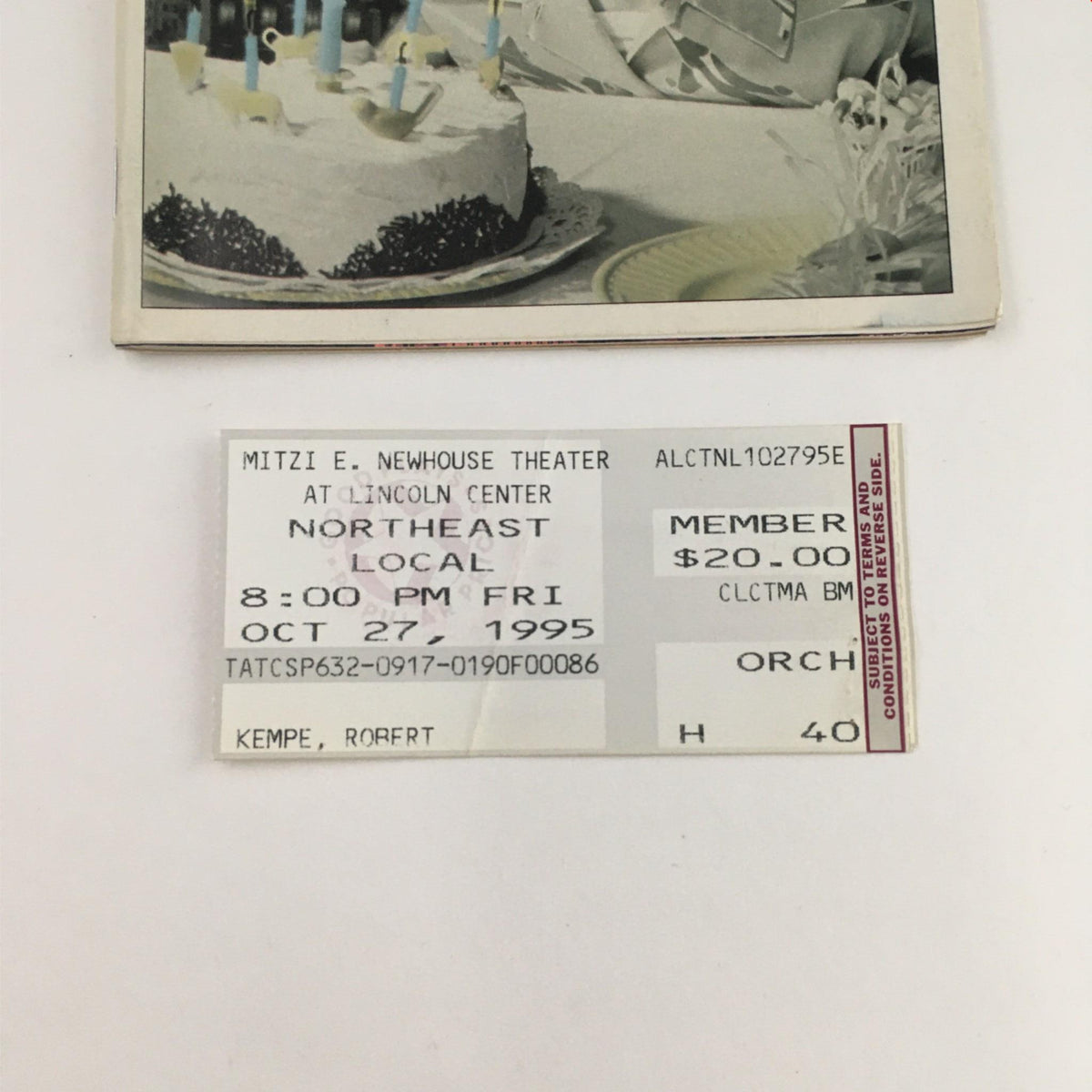 1995 Playbill Northeast Local displaying the original ticket for the performance, held at Lincoln Center on October 27, 1995.