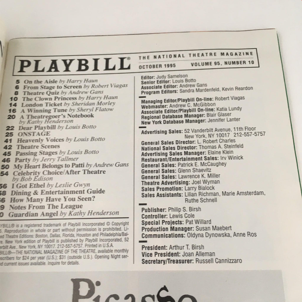 Page from the 1995 Playbill Northeast Local showcasing editorial content and advertisements from the National Theatre Magazine.