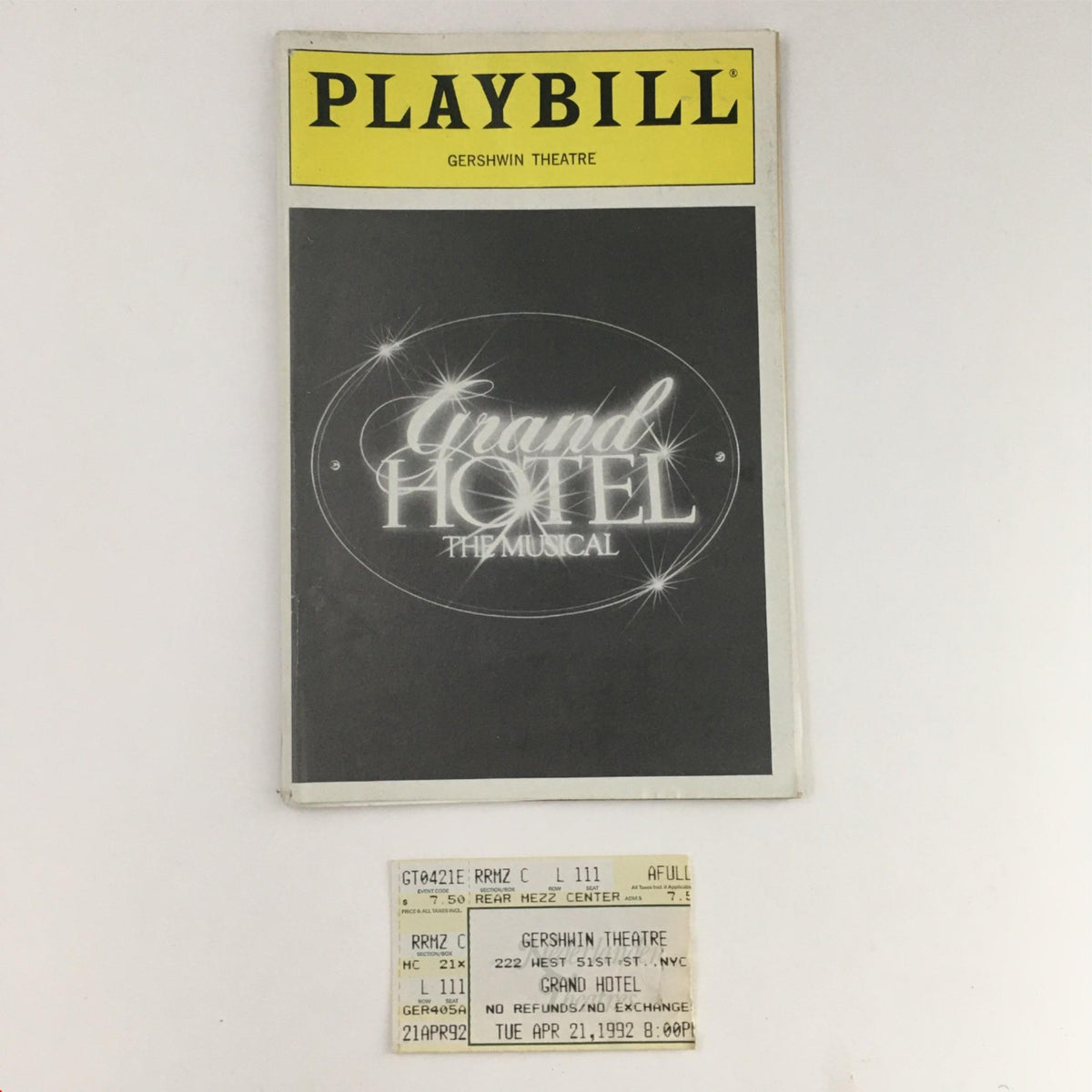 1992 Playbill for Grand Hotel The Musical at Gershwin Theatre with ticket stub included, showcasing the cover design.