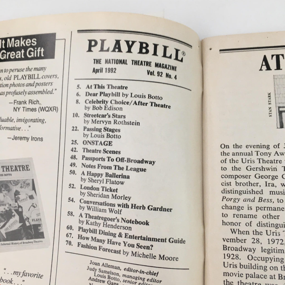 Inside page of the 1992 Playbill for Grand Hotel The Musical, listing articles and features from the April 1992 edition.