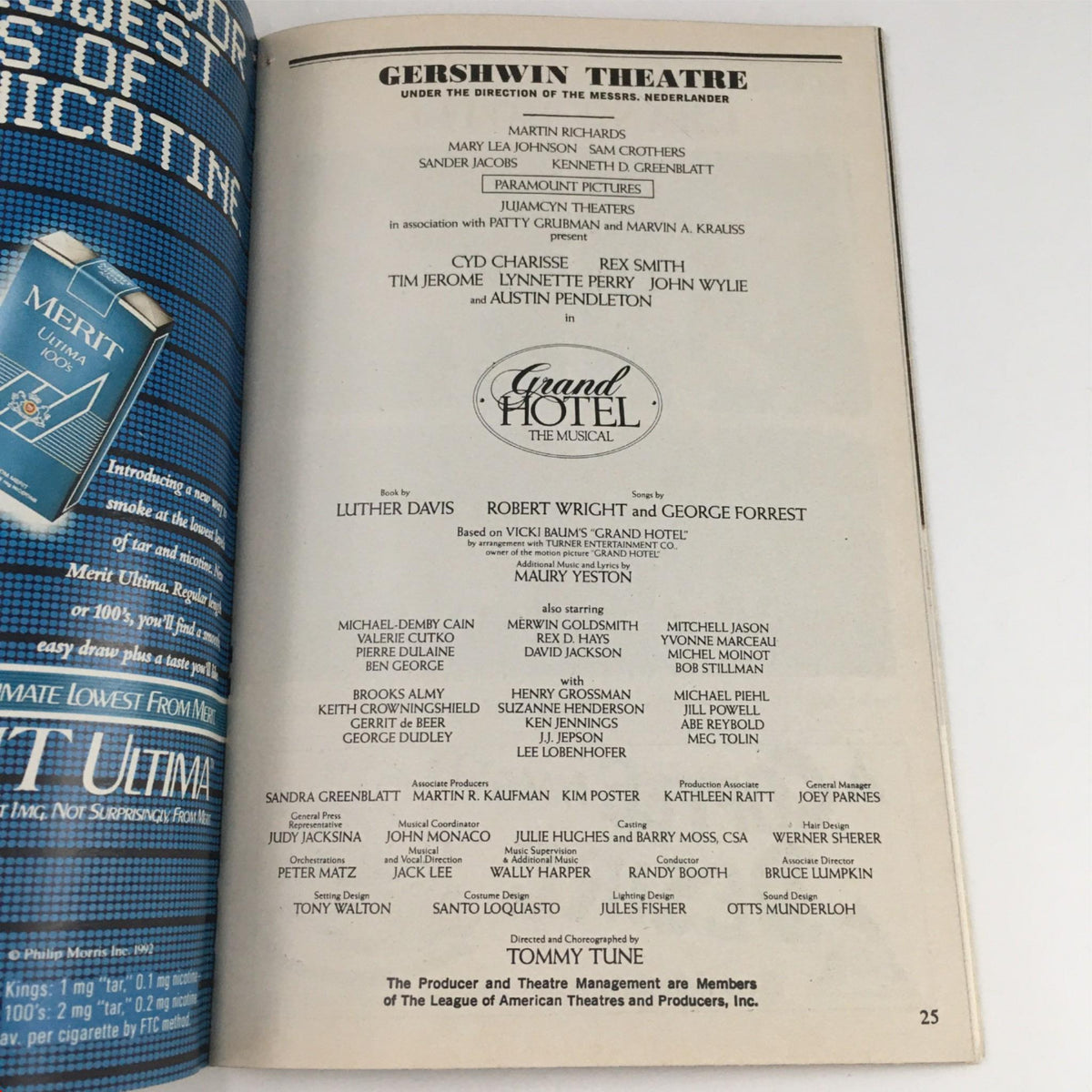 Details of the cast and crew for Grand Hotel The Musical featured in the 1992 Playbill at Gershwin Theatre.