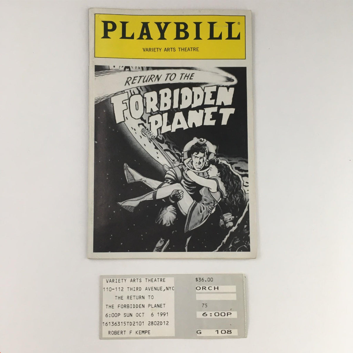 1991 Playbill for Return to the Forbidden Planet at Variety Arts Theatre featuring illustrated cover and original ticket stub details.