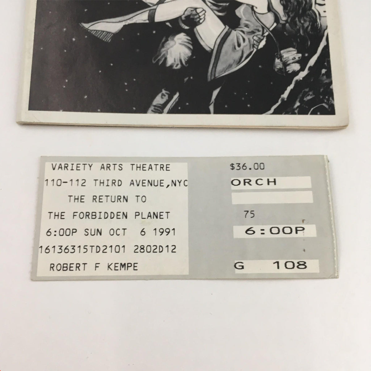 Close-up of 1991 Playbill for Return to the Forbidden Planet showing ticket information from Variety Arts Theatre.