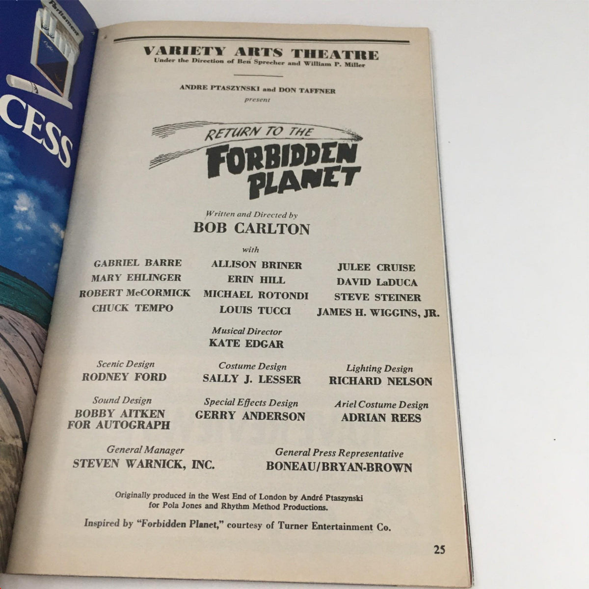 Credits page from the 1991 Playbill for Return to the Forbidden Planet listing the cast and crew details.