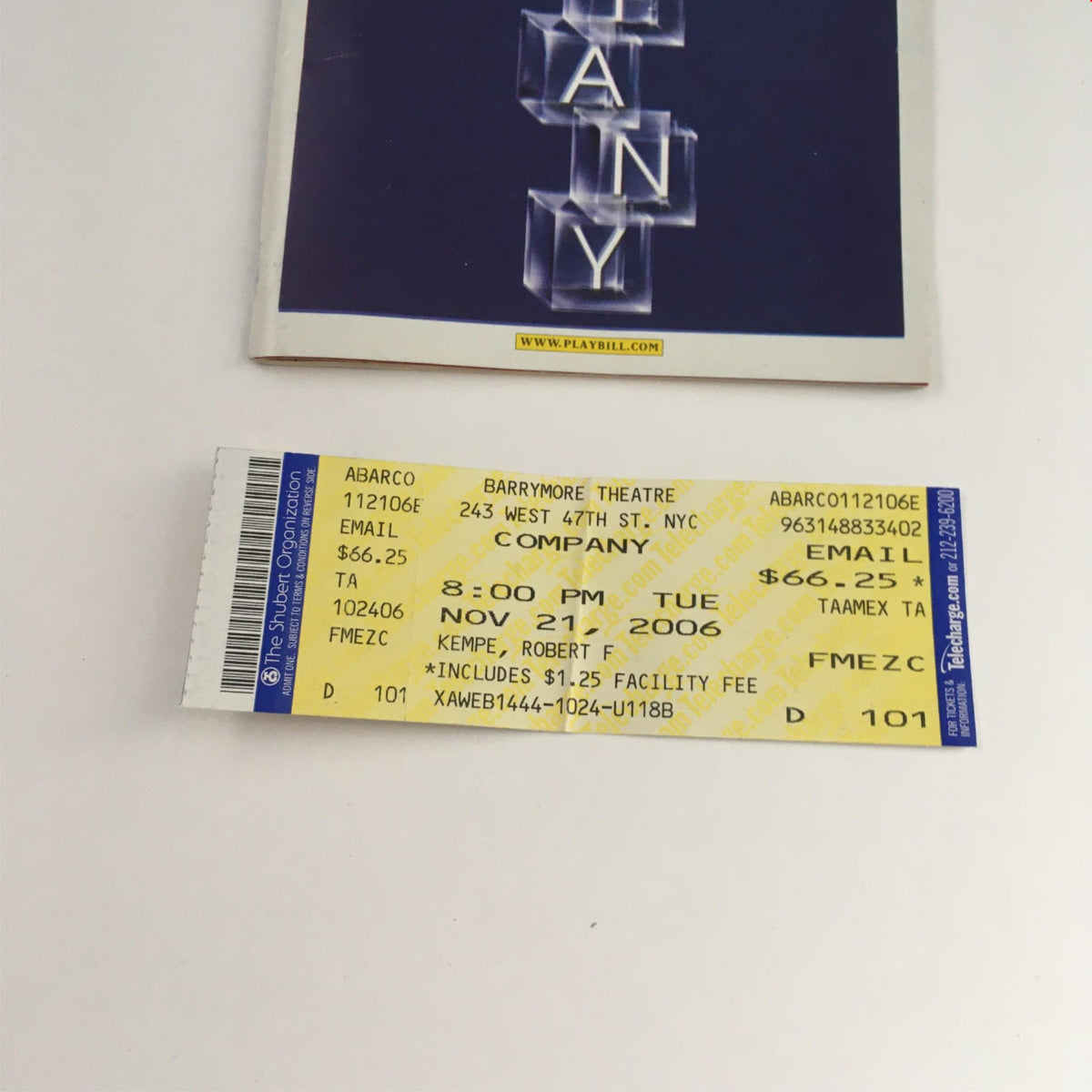 2006 Playbill Company Opening Night ticket for the performance at the Ethel Barrymore Theatre, showcasing details of the event and seating.