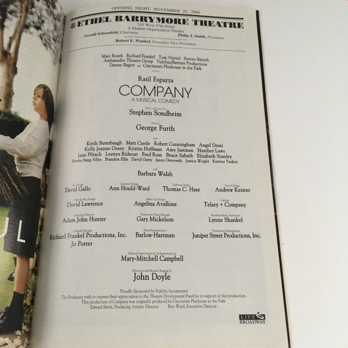 Cast and crew page from the 2006 Playbill Company Opening Night, featuring Raul Esparza and John Doyle, highlighting key contributors.