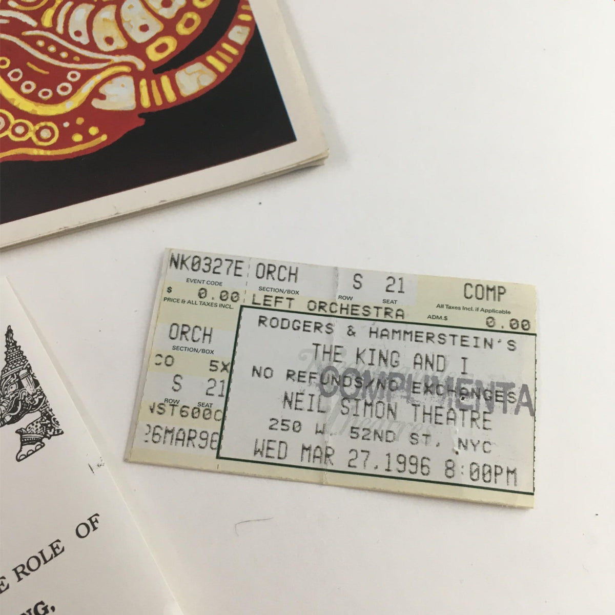 Ticket stub for The King and I musical performance on March 27, 1996, held at the Neil Simon Theatre.
