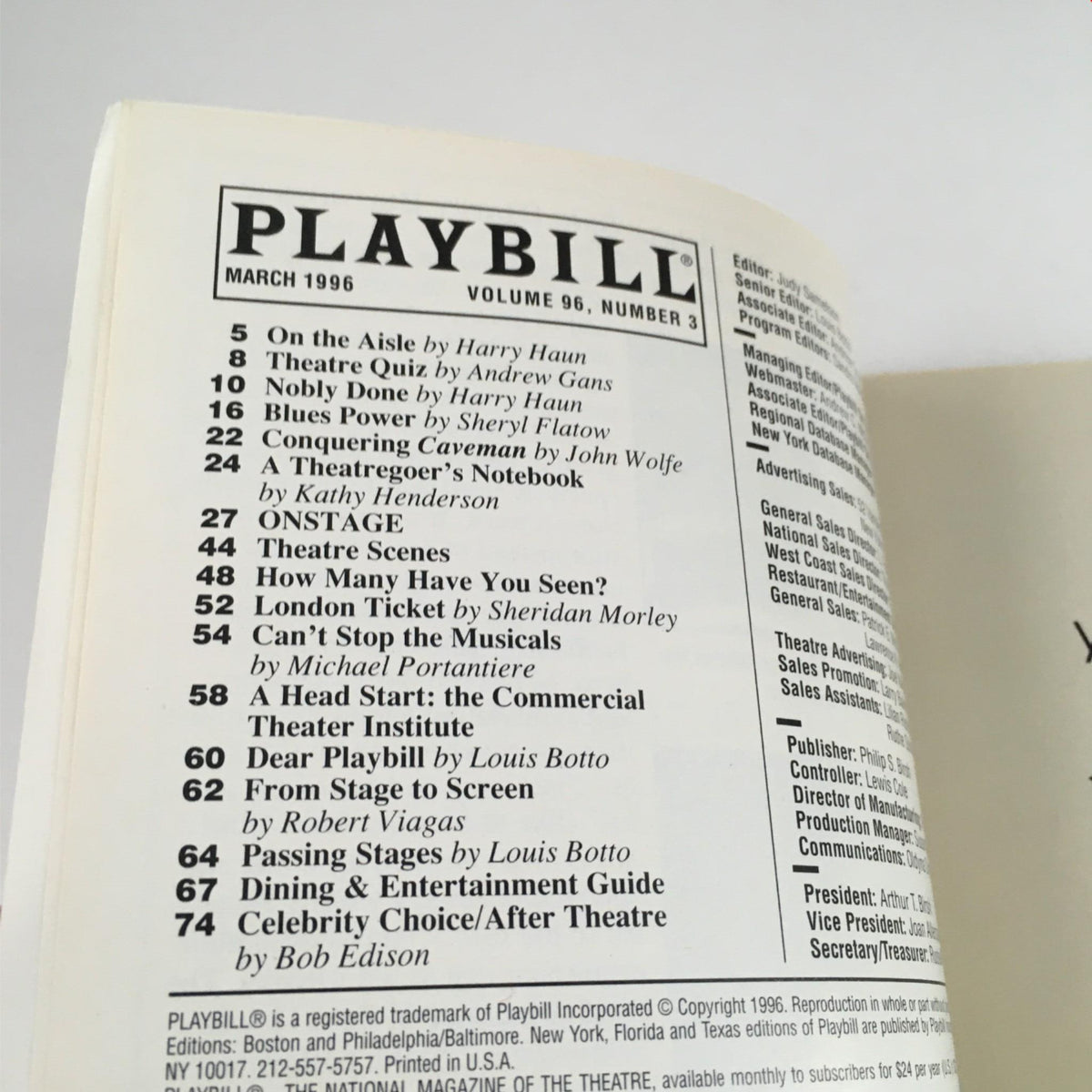 Inside page of the 1996 Playbill for The King and I, containing the program details and article features.