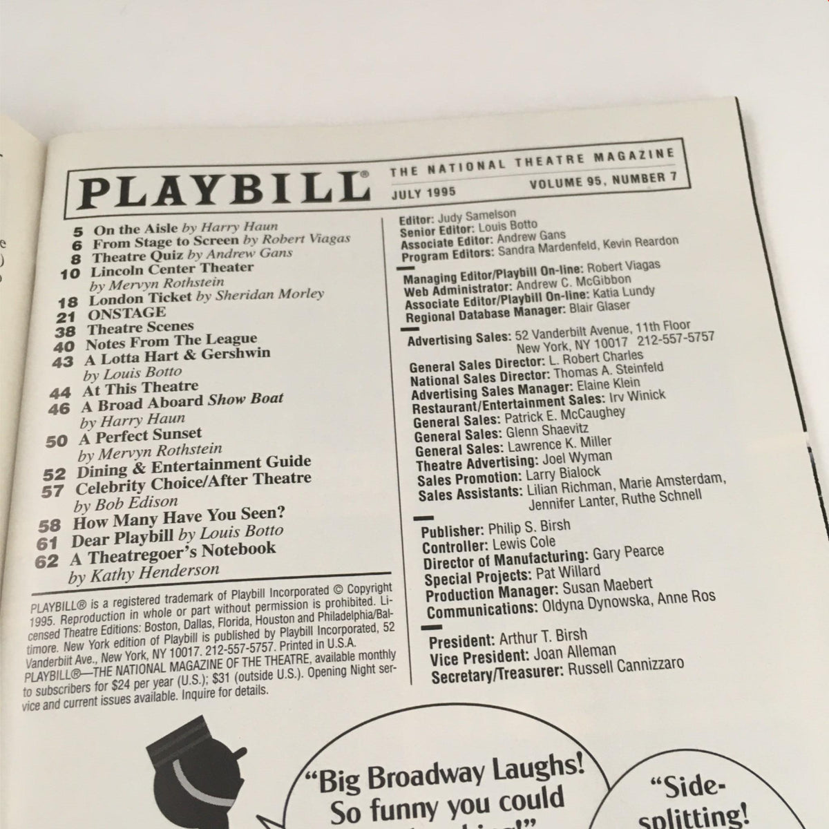 1995 Playbill Les Misérables by Victor Hugo, inside cover showcasing the Playbill contents and articles from the July 1995 edition, related to theatrical productions.