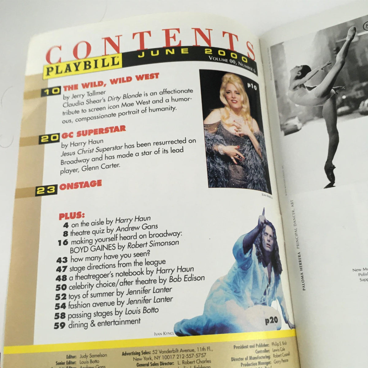 2000 Playbill The Music Man contents page from June 2000, featuring articles related to Broadway performances.