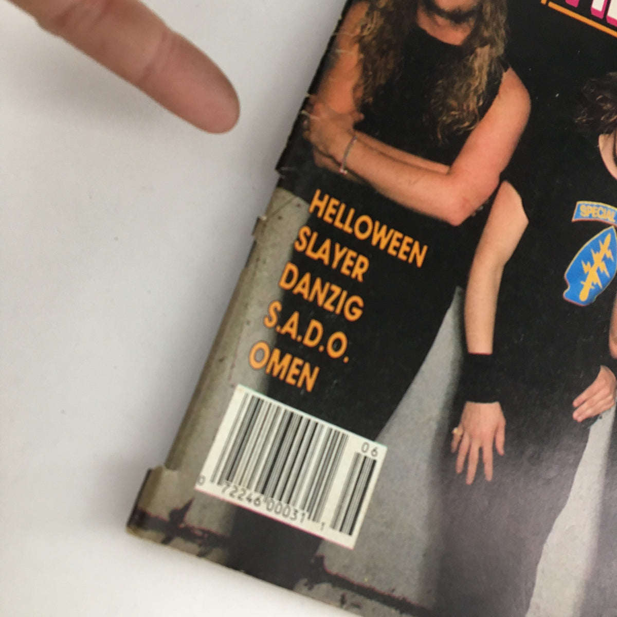Close-up detail of the spine of Hit Parader Power Metal June 1989 magazine highlighting features such as 'Helloween', 'Slayer', and 'Danzig'.