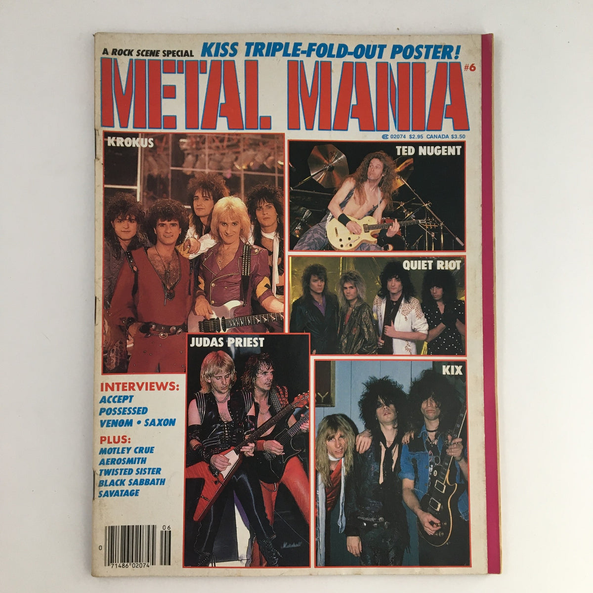 Cover of Rock Scene Metal Mania Magazine July 1986 featuring Krokus, Ted Nugent, and various rock artists with a prominent Kiss Triple-Fold-Out Poster notice.