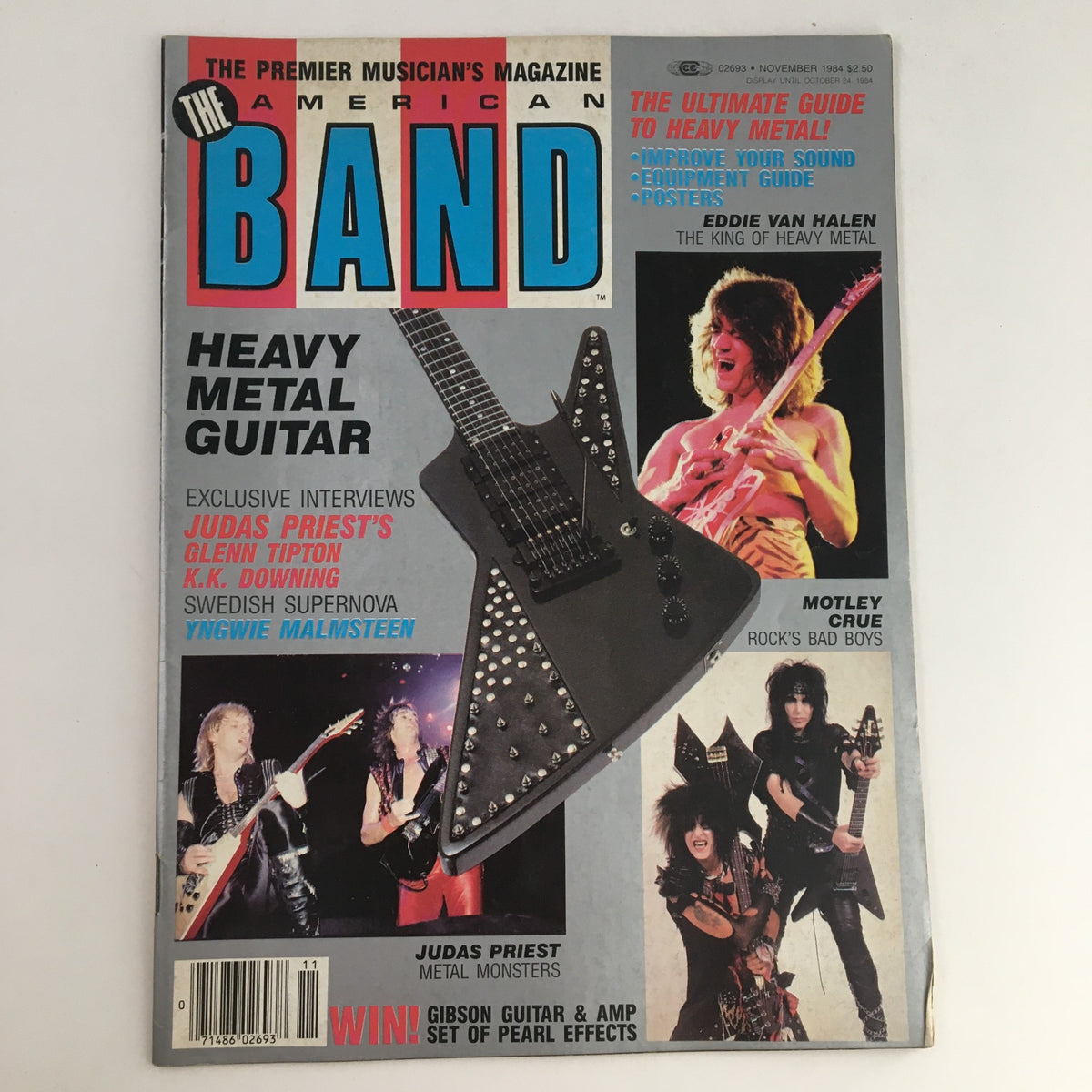 The American Band Magazine November 1984 cover featuring Eddie Van Halen, iconic guitarist, alongside a heavy metal guitar and other notable musicians like Judas Priest and Mötley Crüe.