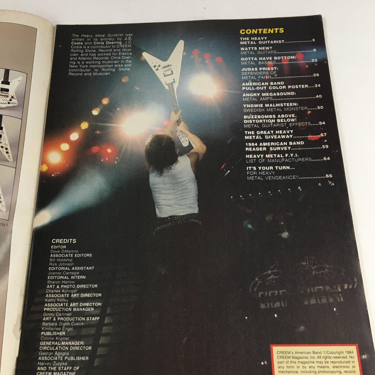 The American Band Magazine November 1984 contents page detailing featured articles, including interviews with heavy metal musicians and topics on guitar techniques.