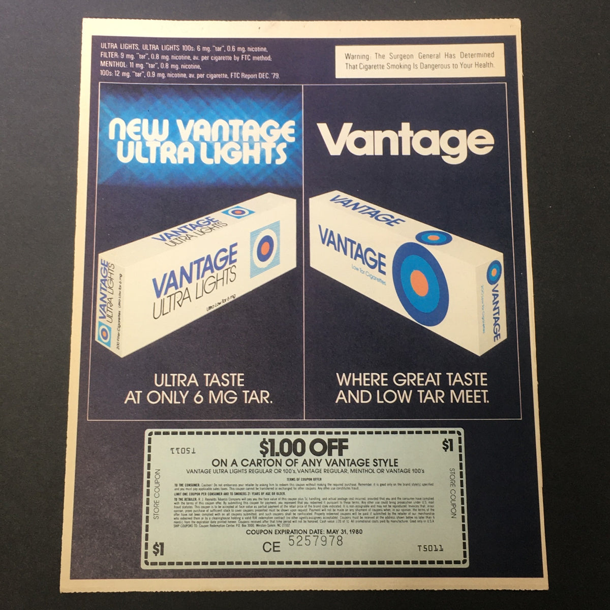 VTG Retro 1980 Vantage Ultra Lights & Vantage Low Tar Cigarettes Print Ad showcasing products with a $1.00 off coupon, emphasizing ultra taste and low tar. Vintage advertisement in good condition with protective covering.