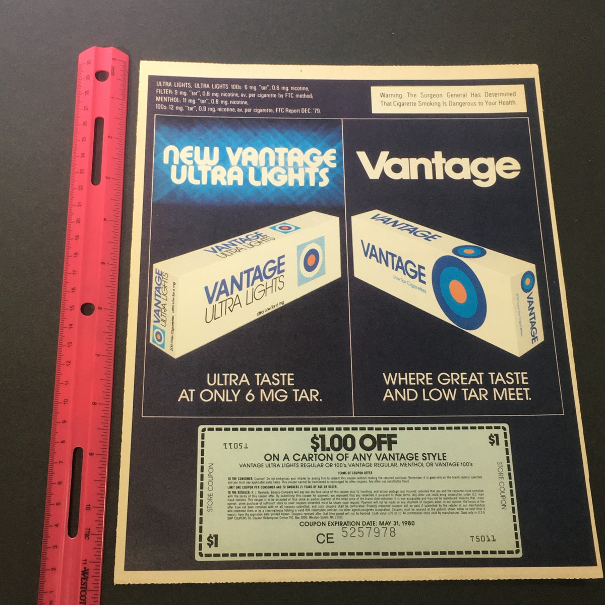 VTG Retro 1980 Vantage Ultra Lights & Vantage Low Tar Cigarettes Print Ad featuring $1.00 off coupon on carton purchase, highlighting ultra taste and low tar. Includes a ruler for size reference, demonstrating the ad's dimensions.