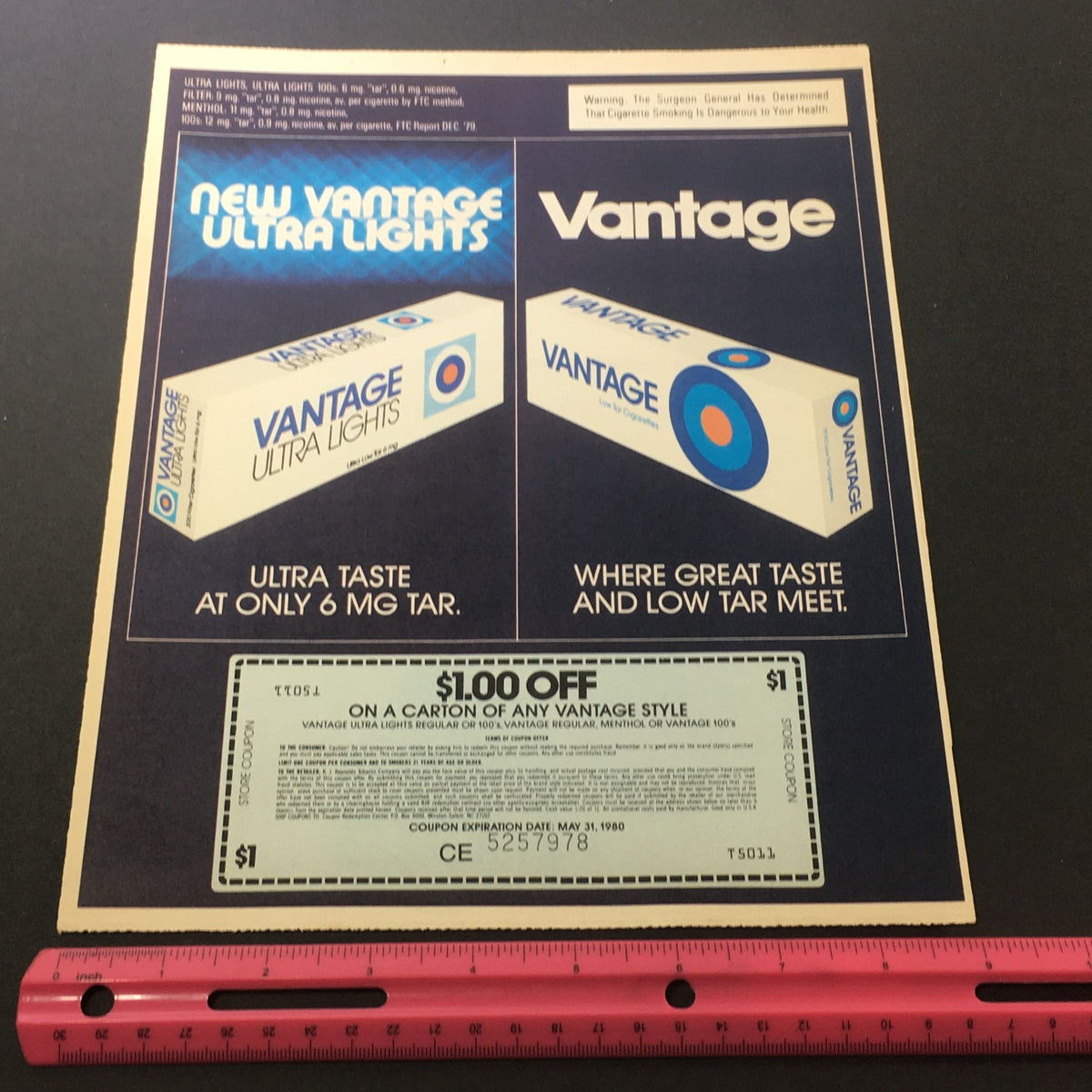 VTG Retro 1980 Vantage Ultra Lights & Vantage Low Tar Cigarettes Print Ad featuring a coupon offering $1 off on a carton of any Vantage style, showcasing the product packaging and promotional details.
