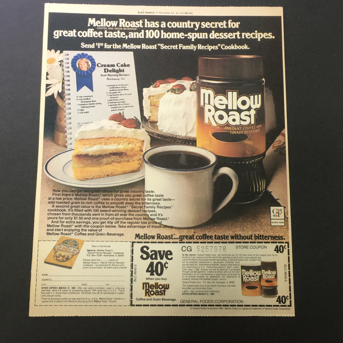 VTG Mellow Roast Instant Coffee advertisement showcasing a cake recipe and promotional savings on Mellow Roast coffee. The image includes attractive visuals and text detailing offers and the quality of the coffee.