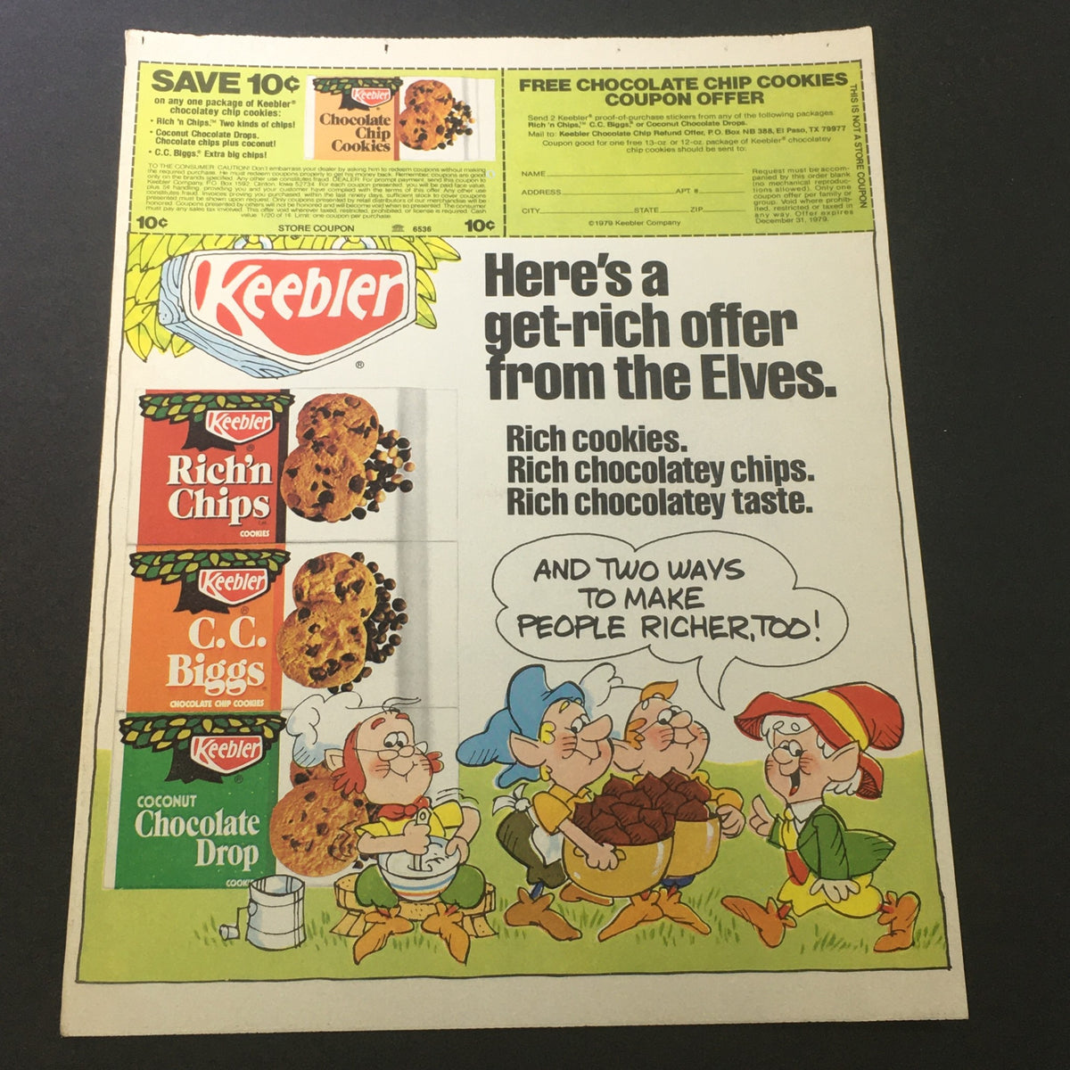 Vintage 1979 Keebler Rich'n Chips advertisement featuring a get-rich offer from the Elves. Includes images of Rich'n Chips, C.C. Biggs, and Coconut Chocolate Drop cookies.