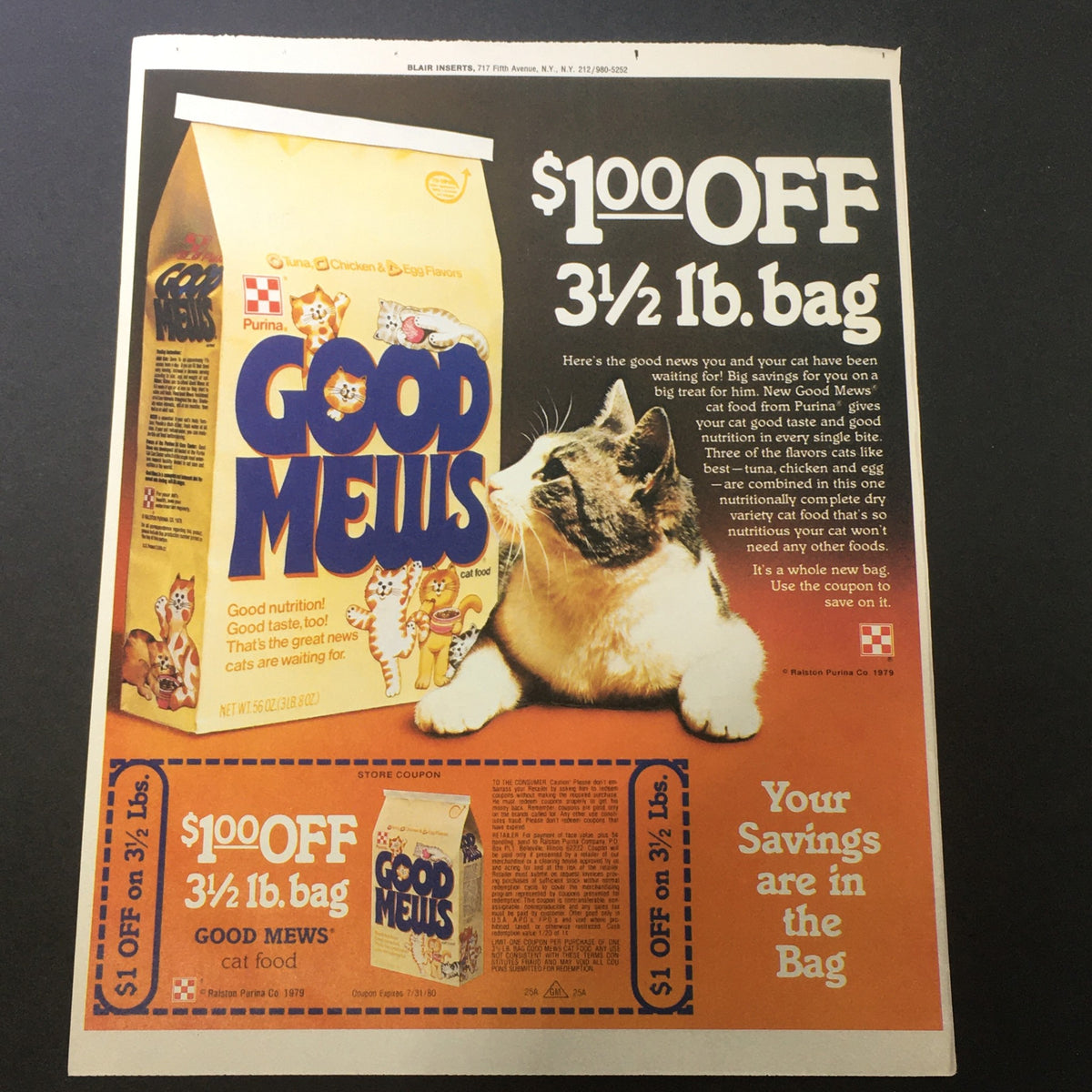 Vintage advertisement for Good Mews cat food displaying a cat next to a box of Good Mews. Promotes $1.00 off coupon for 3½ lb. bag.