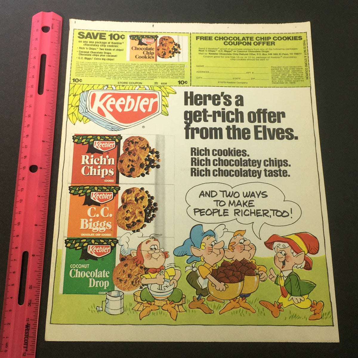 Close-up of a vintage 1979 Keebler Rich'n Chips advertisement showcasing a get-rich offer from the Elves. Features Rich'n Chips, C.C. Biggs, and Coconut Chocolate Drop cookies.