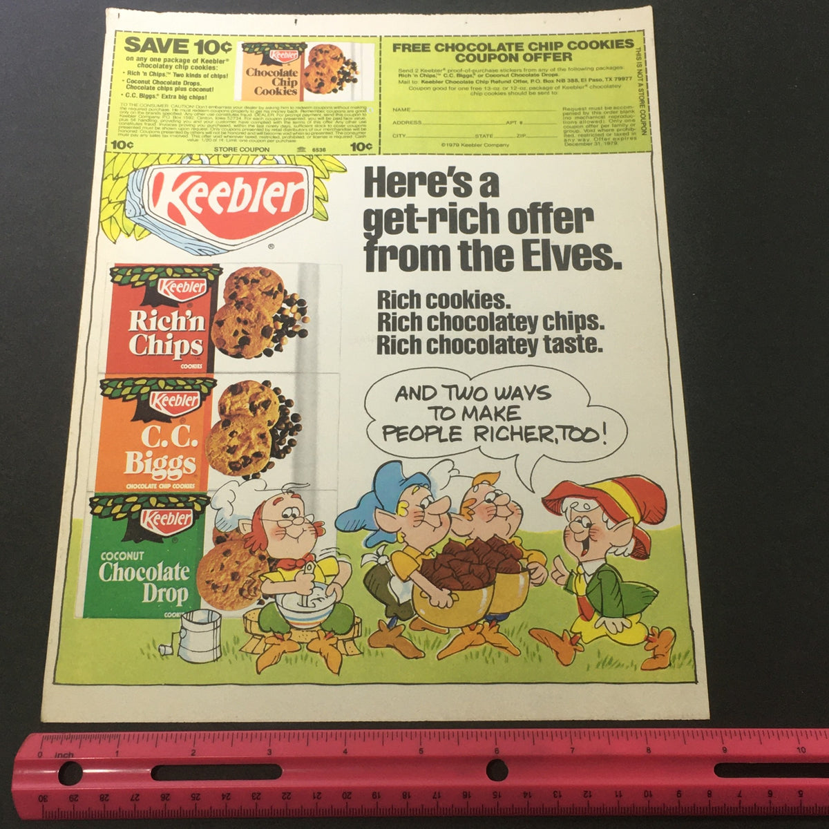 Another view of the vintage 1979 Keebler Rich'n Chips advertisement highlighting the get-rich offer from the Elves. Displays Rich'n Chips, C.C. Biggs, and Coconut Chocolate Drop cookies.