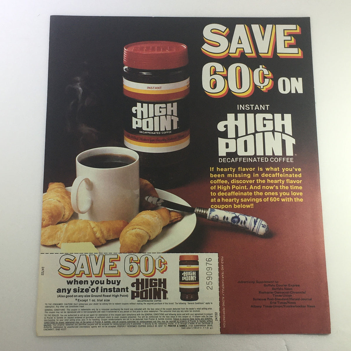 VTG 1989 The Folger Coffee Co.'s Instant High Point Decaffeinated Coffee Coupon showcasing a jar of High Point coffee, a cup of coffee with croissants, and a special save 60 cents offer.