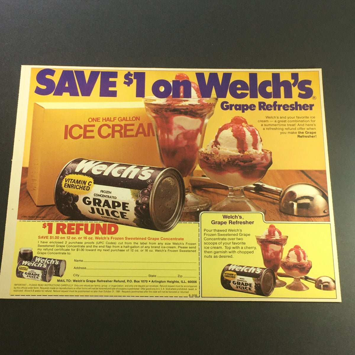 VTG Retro 1981 Welch's Frozen Sweetened Grape Concentrated Print Ad Coupon featuring Welch's Grape Refresher alongside ice cream desserts, showcasing vintage advertisement aesthetics.