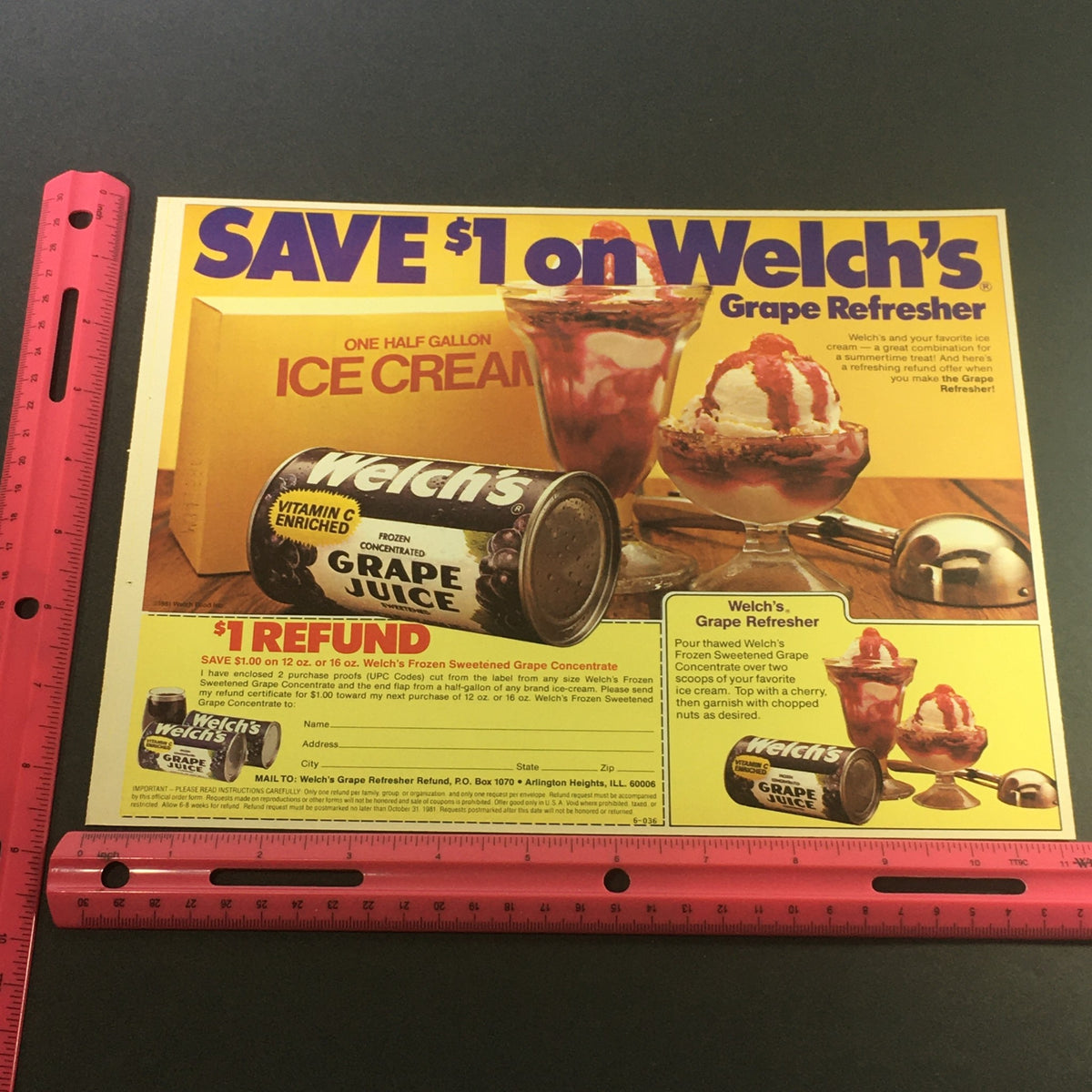 VTG Retro 1981 Welch's Frozen Sweetened Grape Concentrated Print Ad showing promotional details for Welch's products with an emphasis on savings and unique features, ideal for collectors of vintage advertisements.
