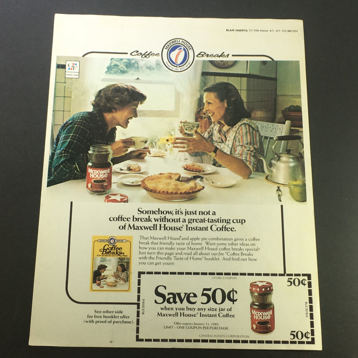 Vintage Retro 1980 Maxwell House Instant Coffee advertisement showcasing a cozy coffee break scene with two women enjoying coffee and pastries, featuring the Taste of Home Coffee Breaks Coupon.
