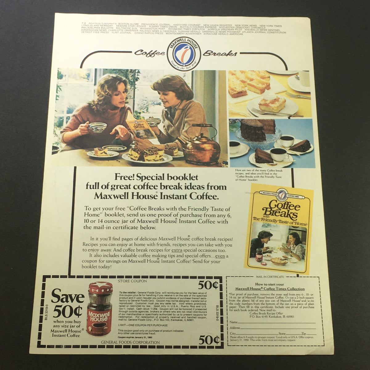 Vintage Retro 1980 Maxwell House Instant Coffee Coffee Breaks booklet advertisement displaying two women sharing a coffee break, with details about a coupon for Maxwell House Instant Coffee.