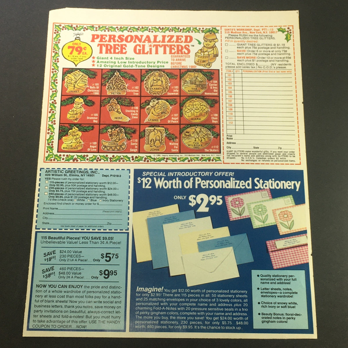 VTG Retro 1981 advertisement for Personalized Tree Glitters with price details and a special introductory offer for personalized stationery, featuring colorful designs and promotional information.