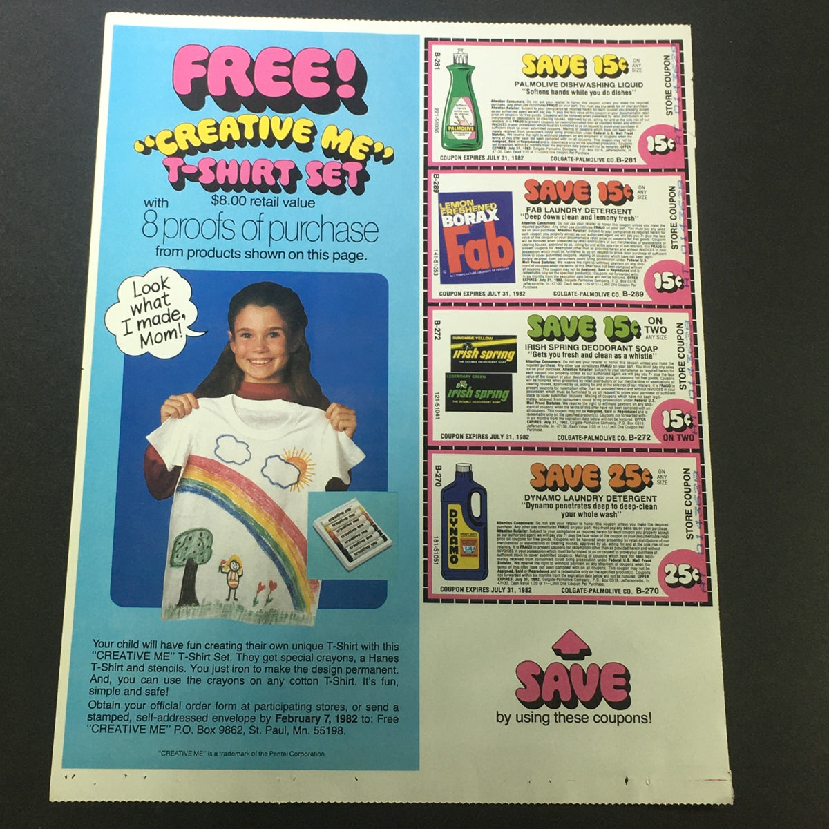 VTG Retro 1983 Pacquin Aloe Skin Cream & Kellogg's Banana Frosted Flakes Coupon displaying a promotional image for a free 'Creative Me' T-Shirt Set with various product coupons, targeting families and children.