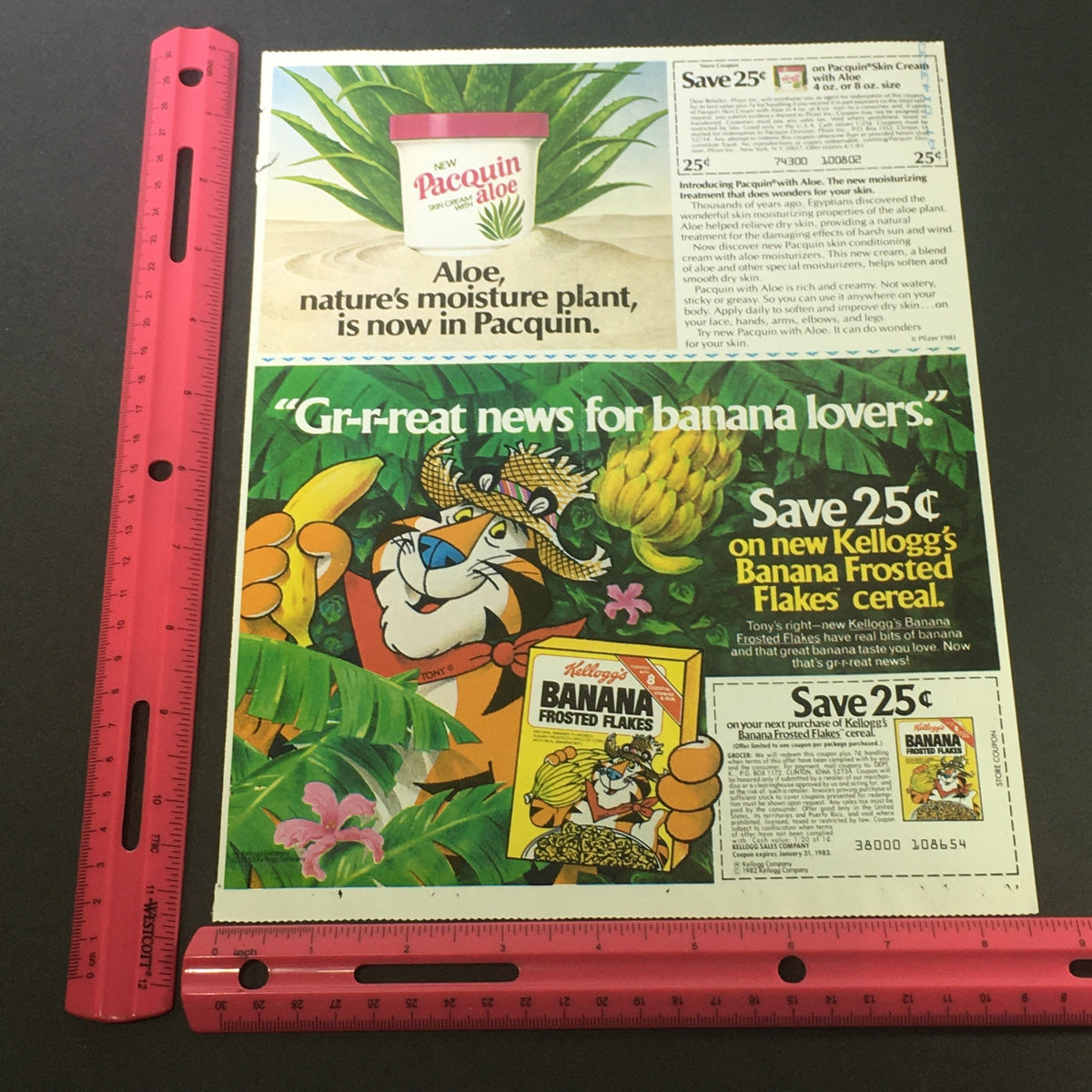 Detailed view of VTG Retro 1983 Pacquin Aloe Skin Cream & Kellogg's Banana Frosted Flakes Coupon, including a colorful illustration of Tony the Tiger and promotional text about savings on cereal.