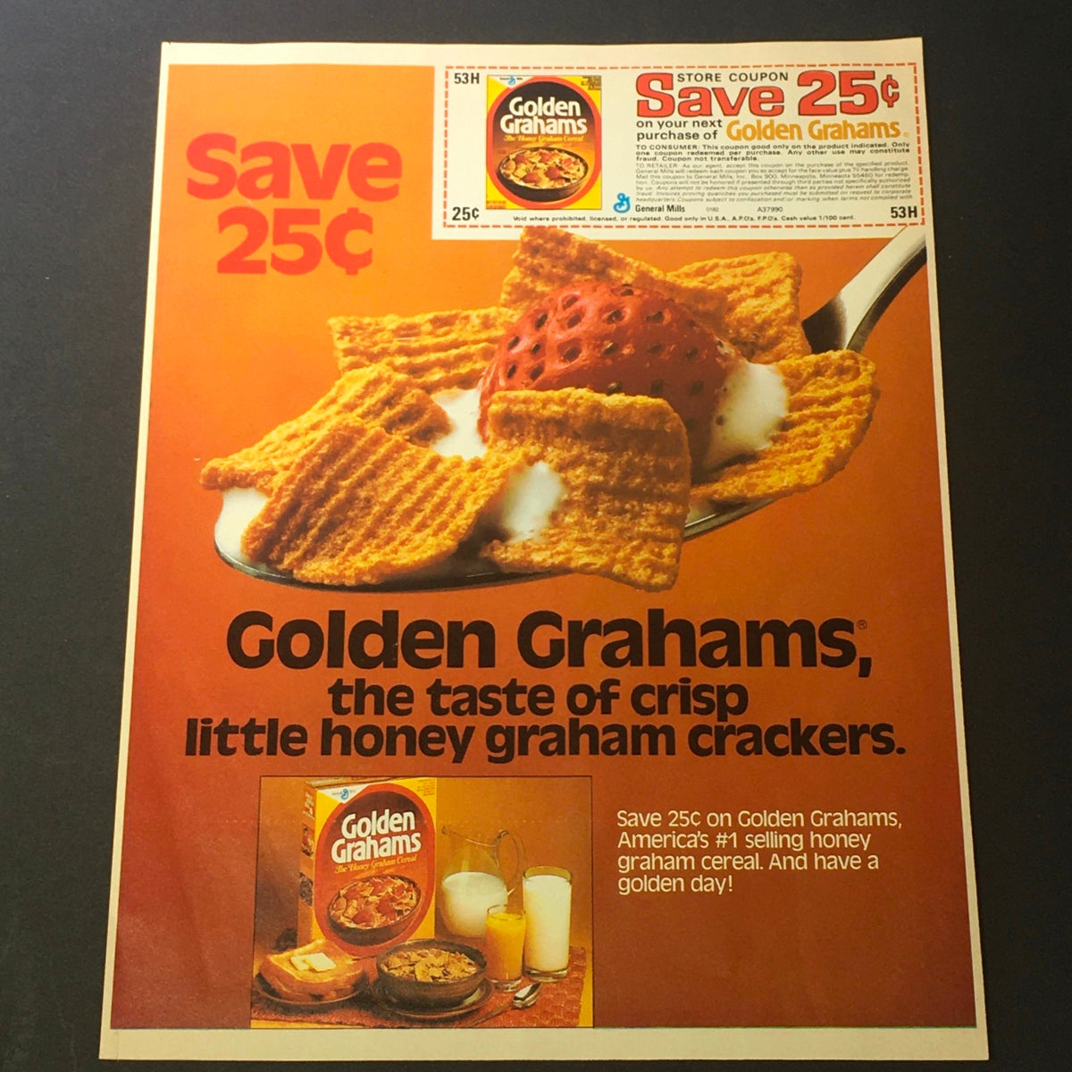 VTG Retro 1982 General Mill's Golden Graham Honey Graham Crackers Ad Coupon featuring a spoonful of cereal and a promotional message to save 25 cents on Golden Grahams.