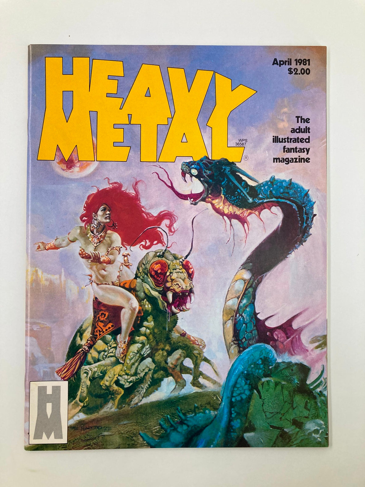 Cover of VTG Heavy Metal Magazine April 1981 featuring artwork by Esteban Maroto, showcasing a fantasy scene with a warrior woman and mythical creatures.