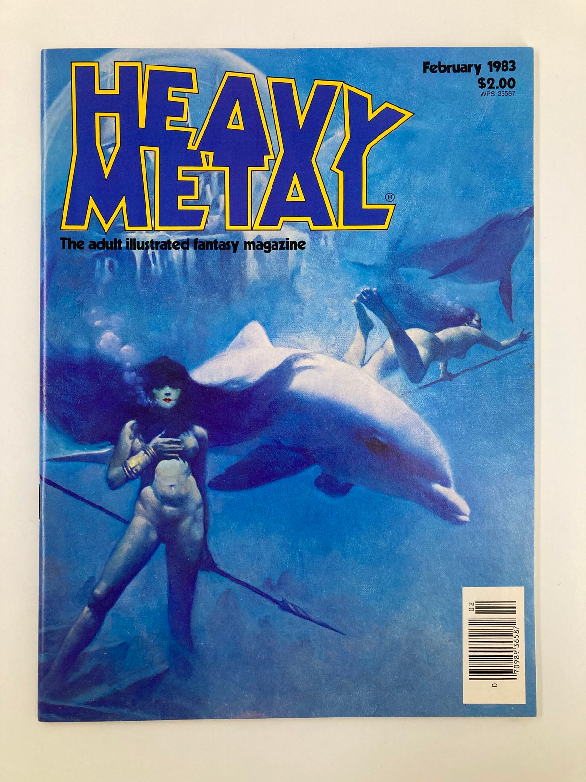 Cover of VTG Heavy Metal Magazine February 1983 featuring the title in bold yellow text against a blue underwater background with illustrations of a woman and dolphins.
