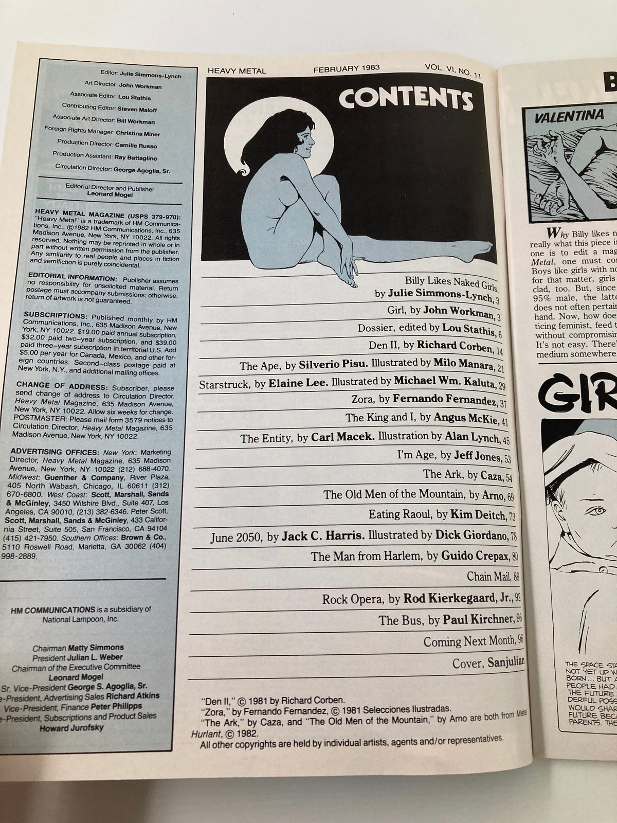 Contents page of VTG Heavy Metal Magazine February 1983 detailing articles and illustrations including 'Billy Likes Naked Girls' and other featured works by various artists.