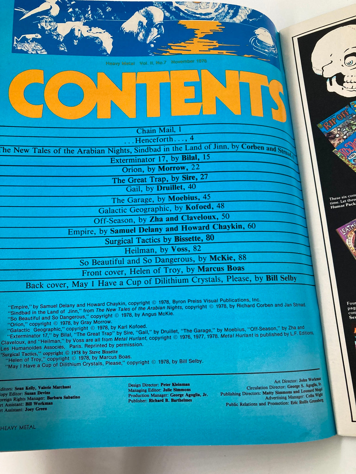 Contents page of VTG Heavy Metal Magazine November 1978, showcasing the list of stories and articles in the issue, including 'Helen of Troy' by Marcus Boas.