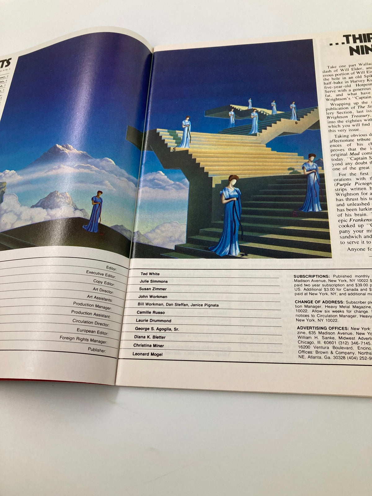 Another view of the table of contents from the VTG Heavy Metal Magazine June 1980, highlighting artists and contributors alongside a stunning blue illustrated backdrop.