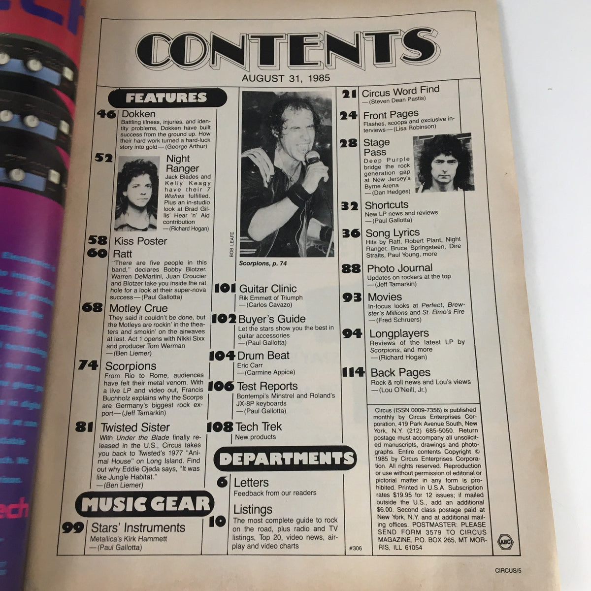 Contents page of Circus Magazine August 31 1985, listing features including articles about Dokken, Kiss, and Motley Crue, along with graphic. Highlighting key sections and topics.