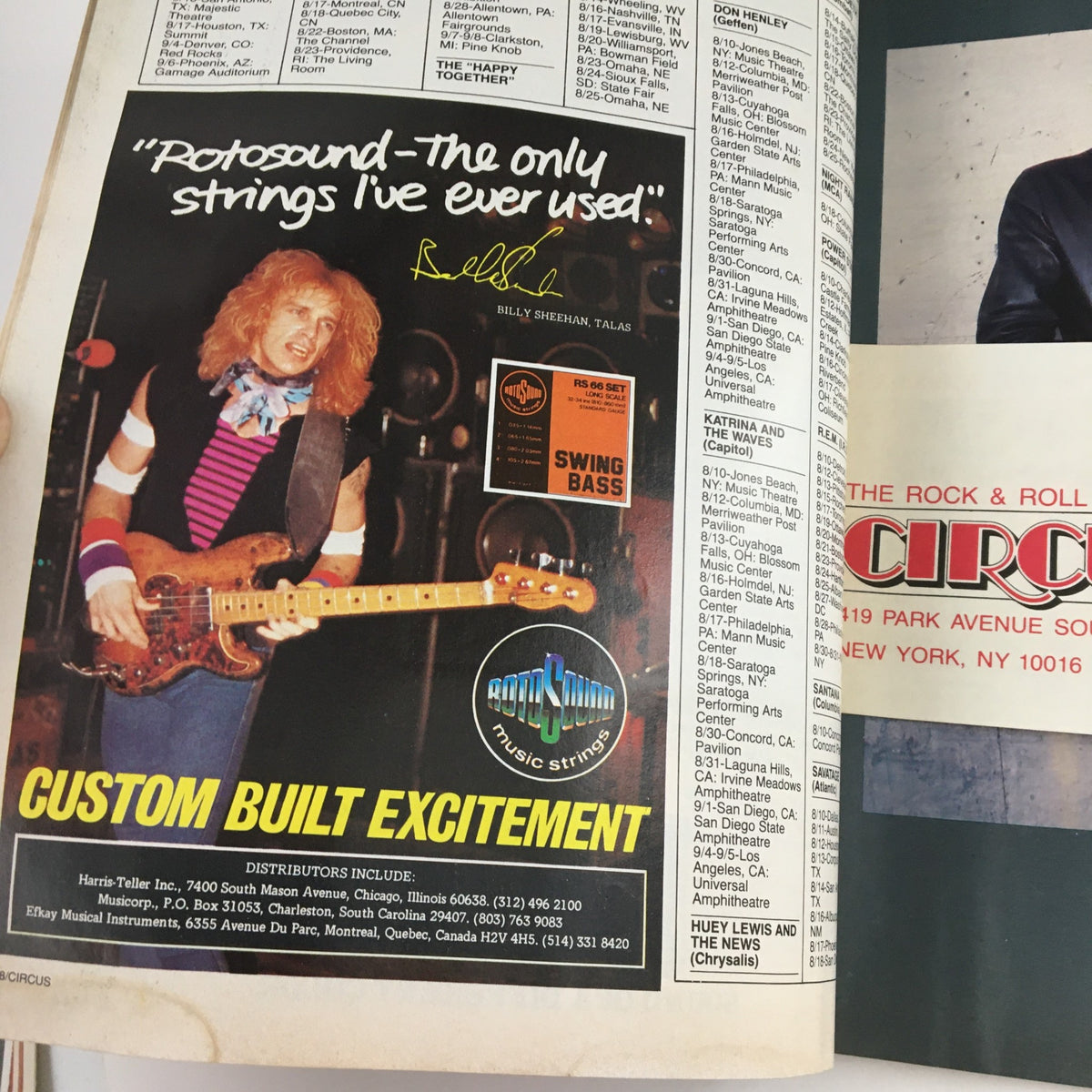 Advertisement in Circus Magazine August 31 1985 featuring Billy Sheehan promoting Rotosound music strings, showcasing his unique style with emphasis on excitement and performance.