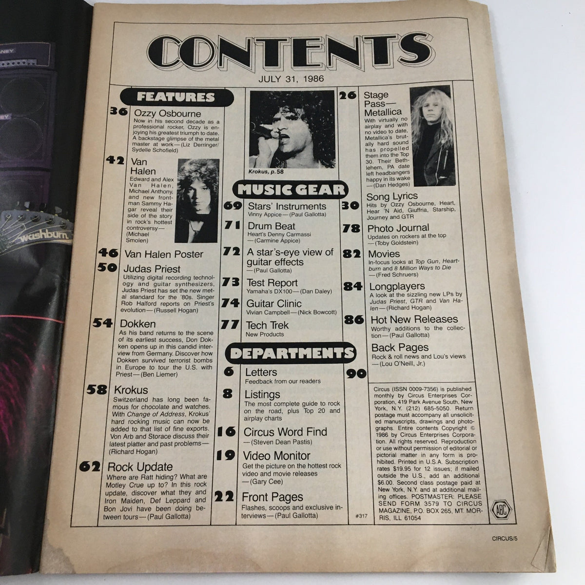 Contents page of Circus Magazine July 31, 1986, detailing features on Ozzy Osbourne and Van Halen, alongside music gear, and various departments.