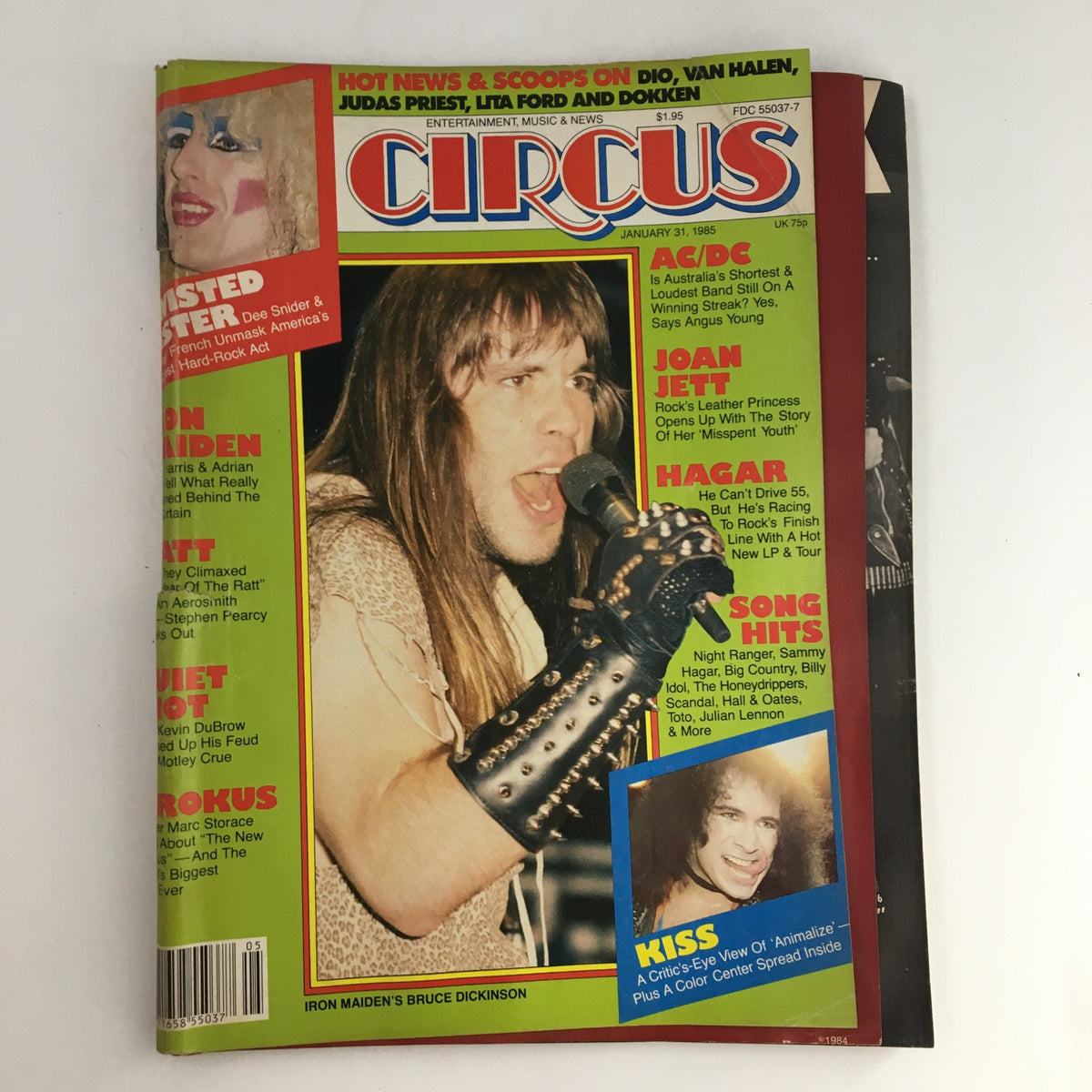 Cover of Circus Magazine January 31, 1985 featuring Bruce Dickinson of Iron Maiden and Sammy Hagar, showcasing vibrant colors and bold headlines about top rock acts.