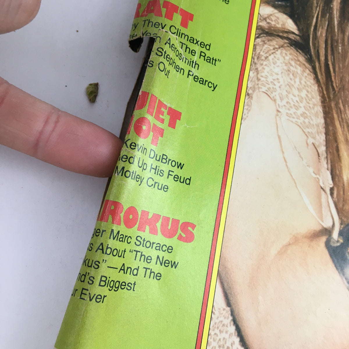 Close-up of the side of Circus Magazine January 31, 1985, highlighting details about Quiet Riot and other featured rock bands.