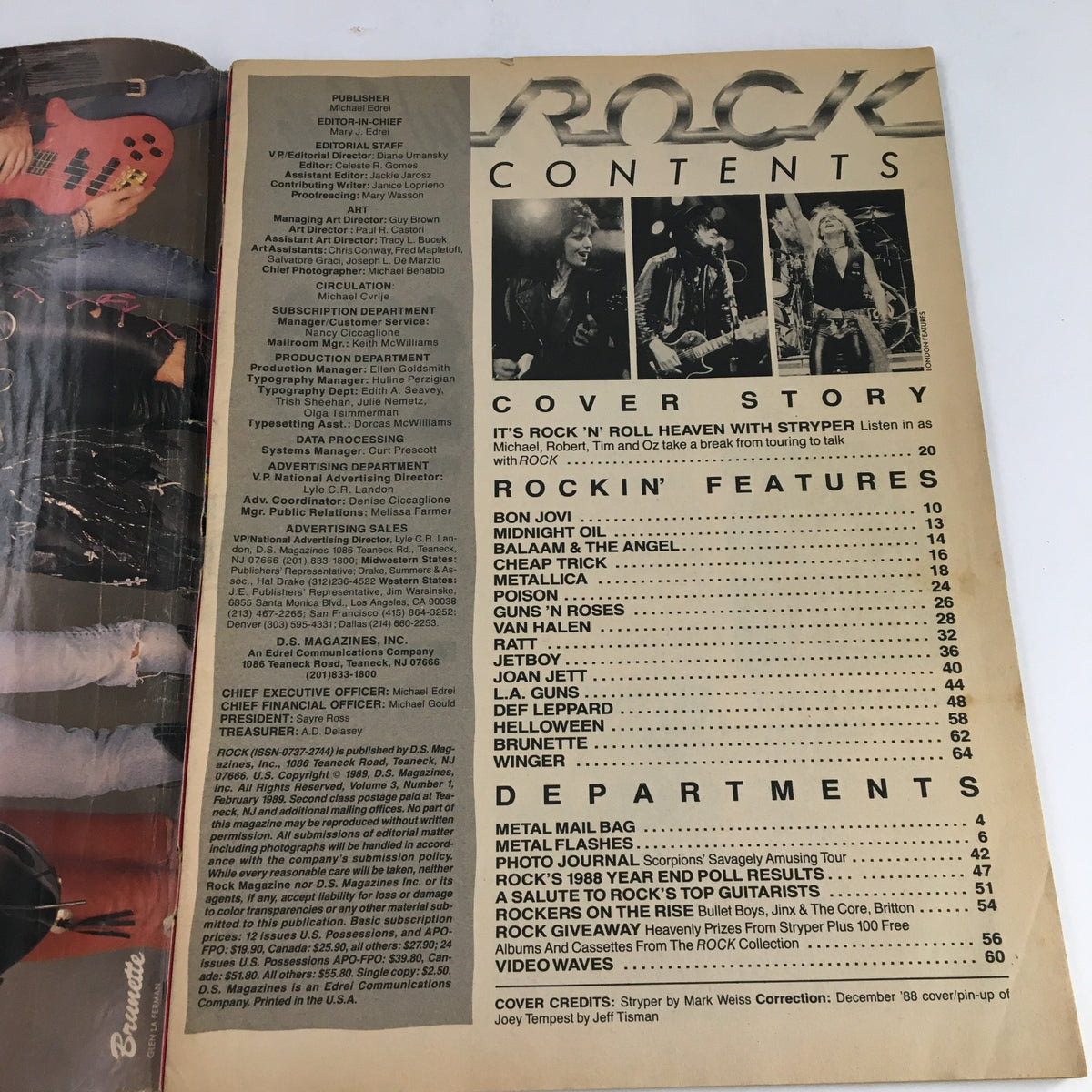 Contents page of 'Rock Magazine February 1989 Rock N' Roll Heaven with Stryper', featuring articles, features, and a cover story with Stryper.