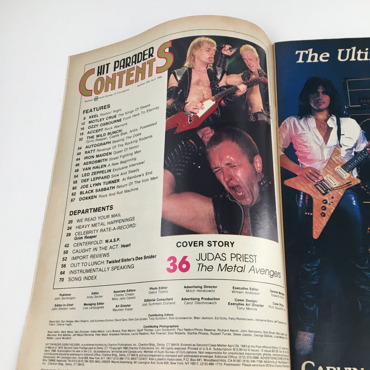 Interior page of Hit Parader Magazine April 1986 displaying table of contents, highlighting articles and the cover story on Judas Priest.
