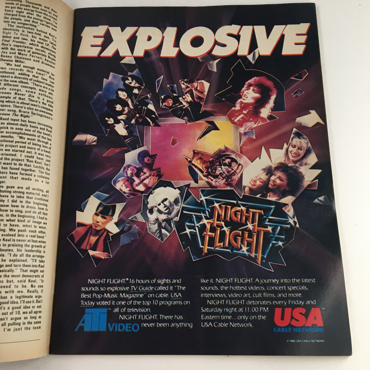 Advertisement page from Hit Parader Magazine April 1986 for Night Flight, showcasing various artists and programming highlights.