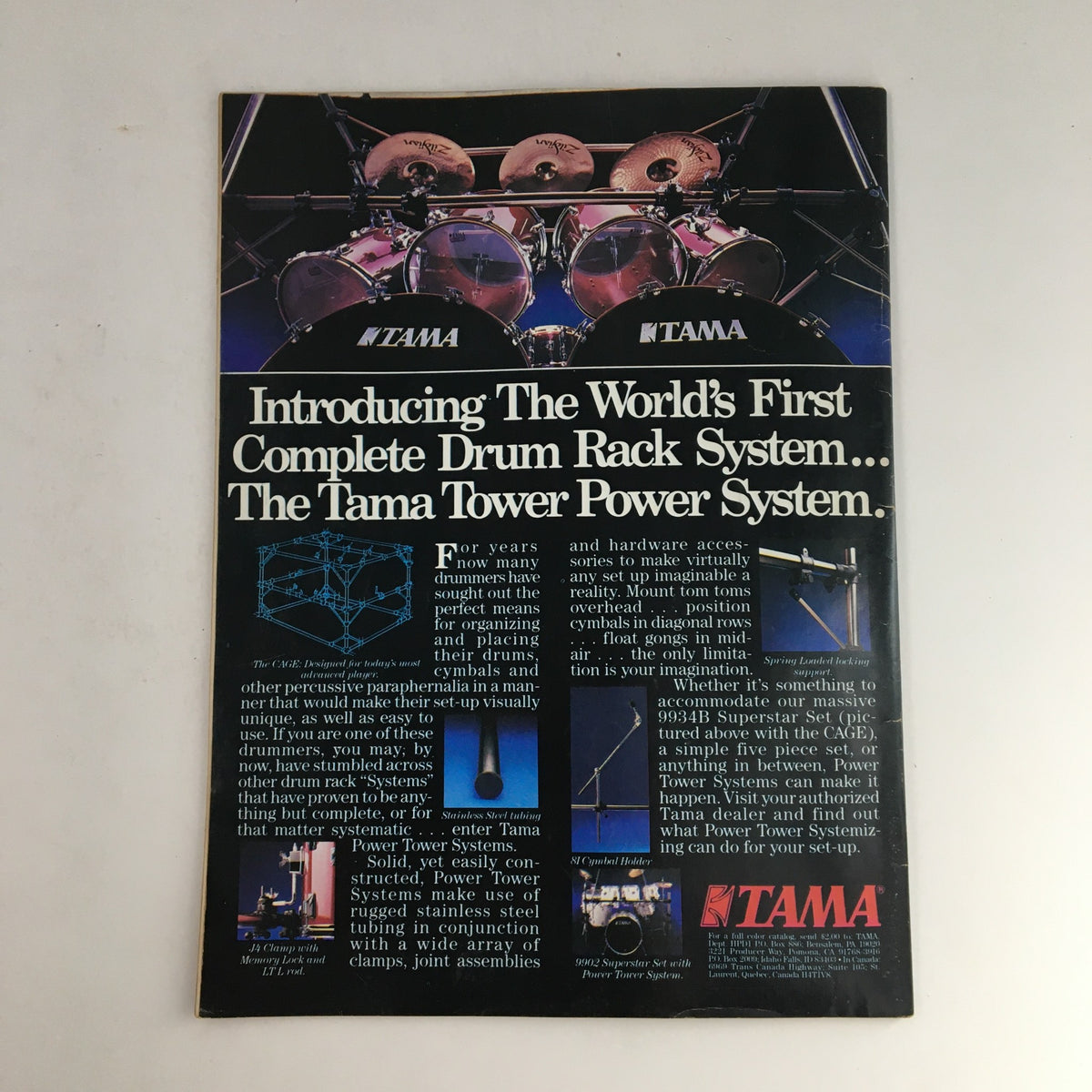 Back cover of Hit Parader Magazine April 1986 showcasing an advertisement for the Tama Tower Power System, introducing a complete drum rack system.