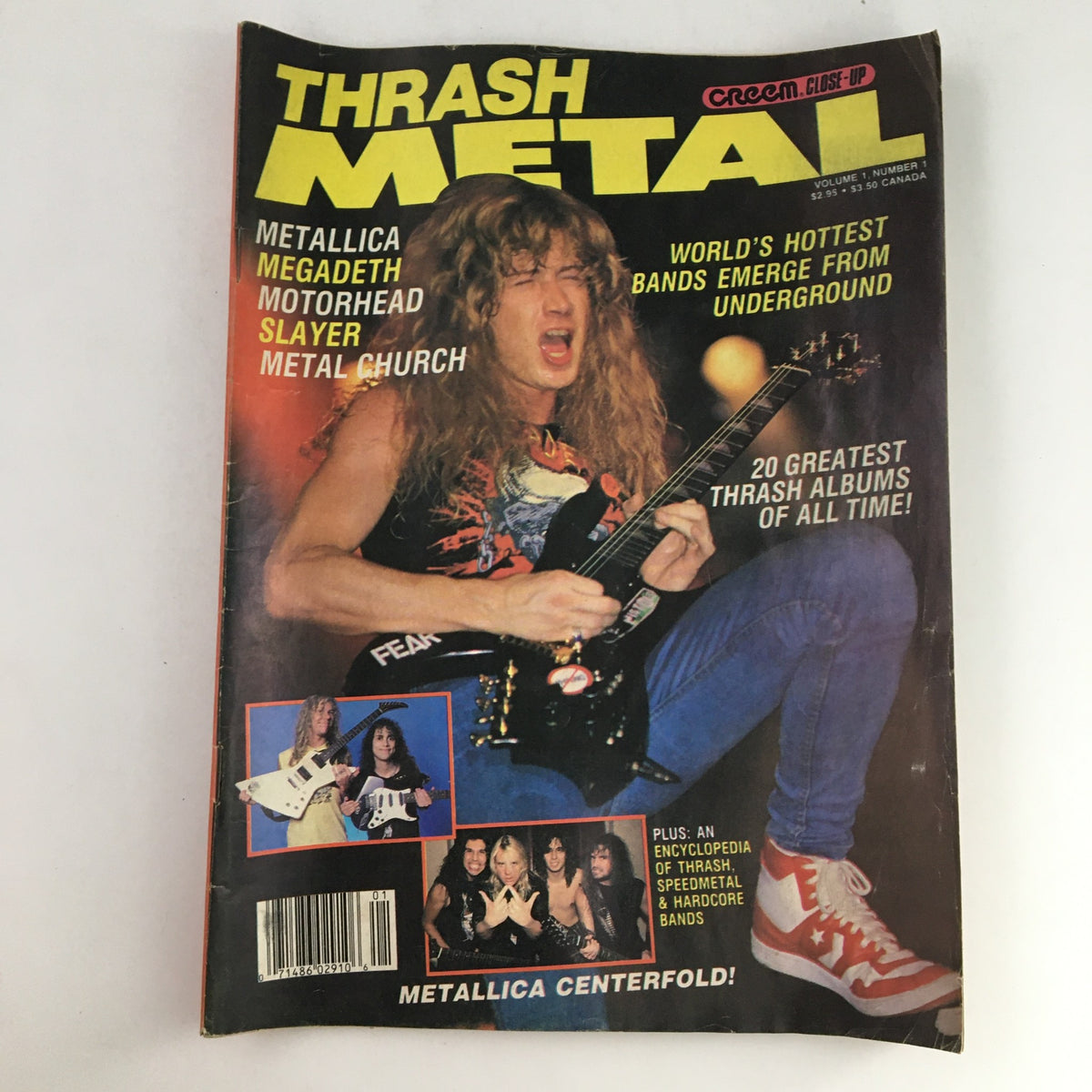 Creem Thrash Metal Magazine November 1987 cover featuring a guitarist in action with long hair, promoting iconic bands like Metallica and Megadeth, highlighting the thrash metal scene of the late 80s.